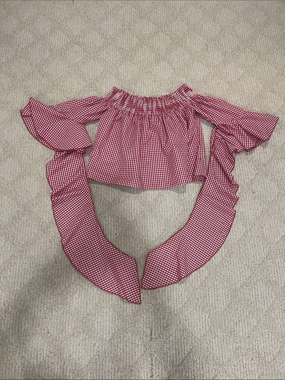 QED London Red Gingham Off-Shoulder Ruffle Crop Top